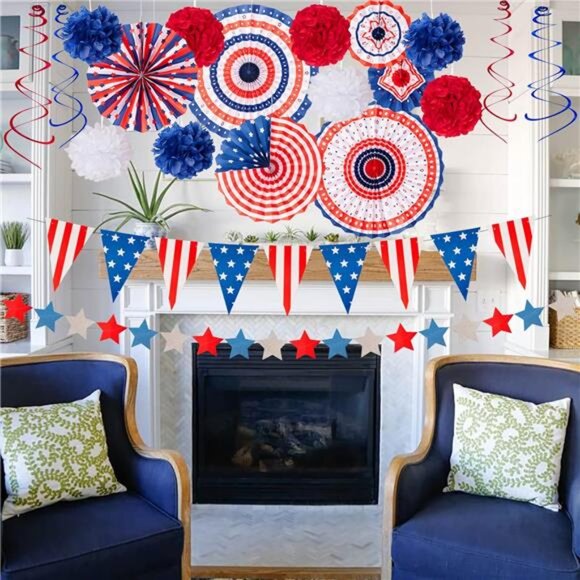 29-Piece Patriotic Party Decor Set – Red, White & Blue Fans, Poms, Banners - Picture 6 of 7